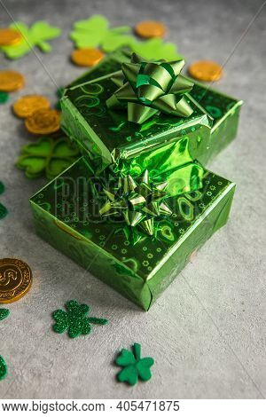 Happy St. Patrick's Day. Card With  Lucky Clover, Green Gift Box. Irish Festival Symbol. Lucky Conce