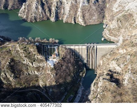 Aerial View Of Dam Of Krichim Reservoir, Rhodopes Mountain, Plovdiv Region, Bulgaria