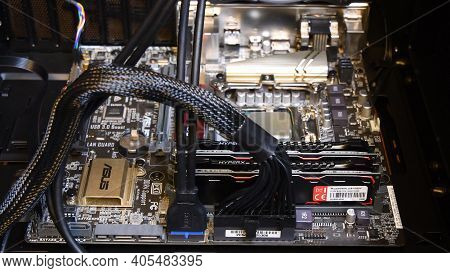 Motherboard Closeup Of South Bridge With Copper Heat Exchanger Asus And Ram Memories Hyperx. Hardwar