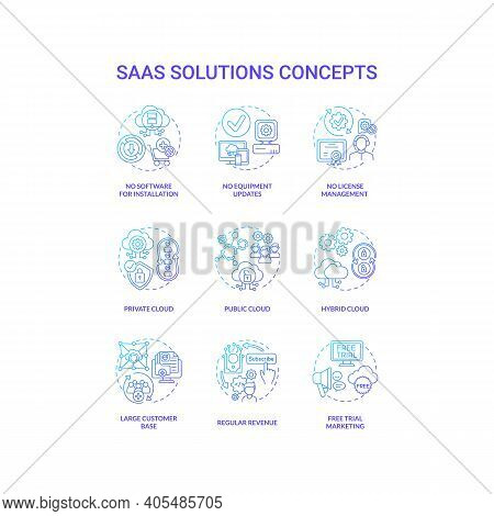 Saas Solutions Concept Icons Set. Software As Service Idea Thin Line Rgb Color Illustrations. Public