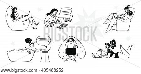 Set Of Hand Drawn Women Working From Home. Young Women Working In A Cozy Home Environment. Vector St
