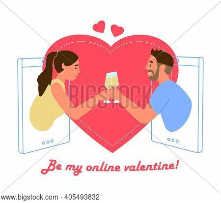 Saint Valentine's Day Greeting Card Vector Design. Online Dating Concept. Couple Clinking Glasses Of