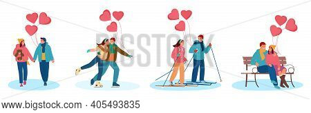Vector Set Of Young Couples In Love With Heart Shaped Balloons Celebrating Saint Valentine's Day Out