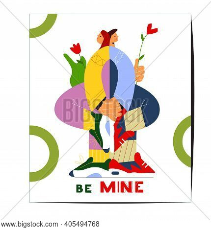 Saint Valentine's Day Greeting Card Flat Vector Design. Couple In Love Standing Back To Back Holding