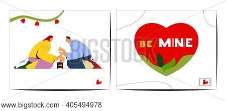 Creative Saint Valentine's Day Greeting Cards Flat Vector Design. Couple Sitting On Knees Covering A