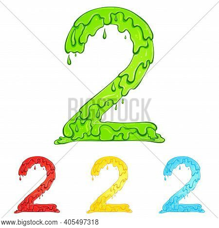 Number 2 With Flow Drops And Goo Splash. Color Illustration Of The Symbol Two In Four Colors Green, 