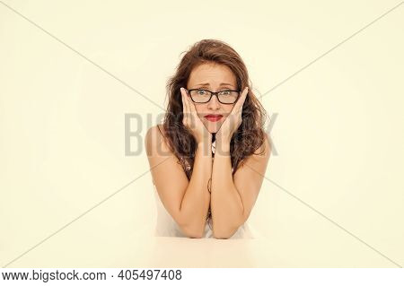 Worried Student At Table. Businesswoman In Office. Business Success. Sexy Lady With Red Lips. Woman 