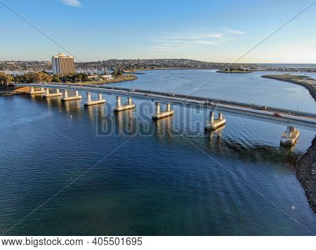 Aerial View Of Mission Bay In San Diego, With Ingraham Street Bridge During Summer Sunny Day. West M