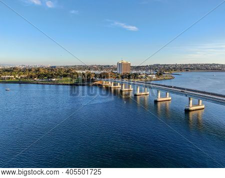Aerial View Of Mission Bay In San Diego, With Ingraham Street Bridge During Summer Sunny Day. West M