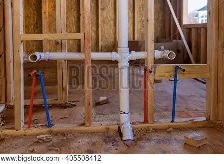 Home Construction With Hot Red And Cold Blue Pex Pipe Layout In New Bathtub House Pvc Waste Water Sy