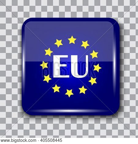 Euro Union Square Blue Button. The Eu Symbol Is Blue. Checkers Background. Empty Background. Stock I