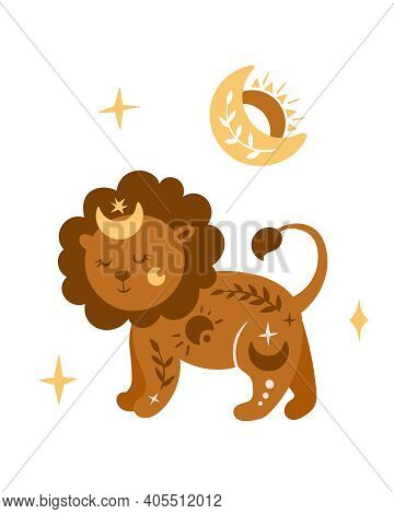 Celestial Nursery Poster With Cute Lion And Moon, Boho Art For Kids Room, Pre-made Poster Template 1