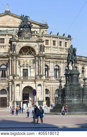 Dresden, Germany - September 23, 2020 : Semperoper, Famous Opera House And Equestrian Statue Of King