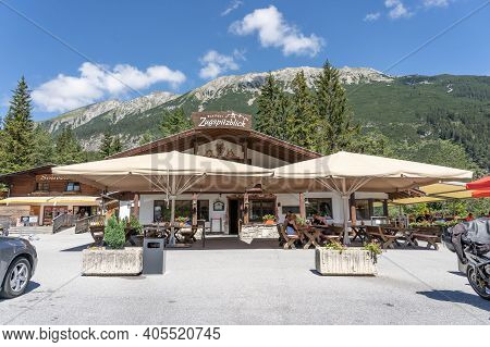 Fernpass, Austria - Aug 6, 2020: Restaurant At Zugspitze Viewpoint In Summer