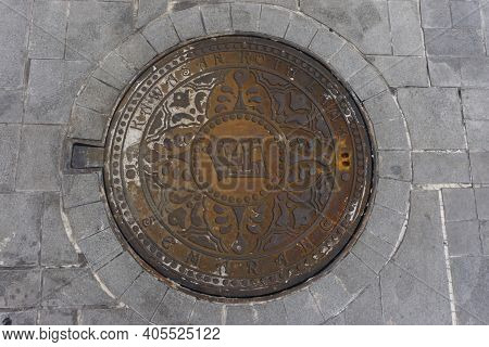 Semarang, Indonesia -
January 21, 2021: Engraved Manhole Cover In Semarang City, Central Java, Indon