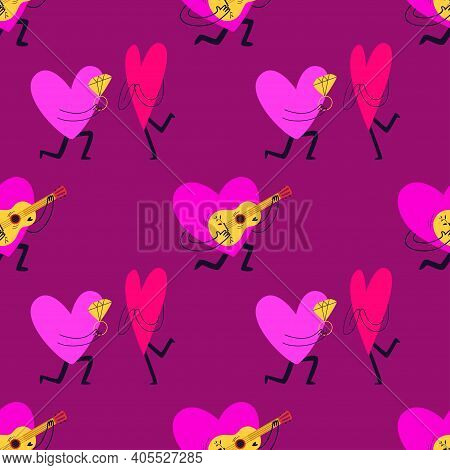 Seamless Pink Pattern With Cartoon Hearts. A Lover Plays A Yellow Guitar Next To A Heart-shaped Char