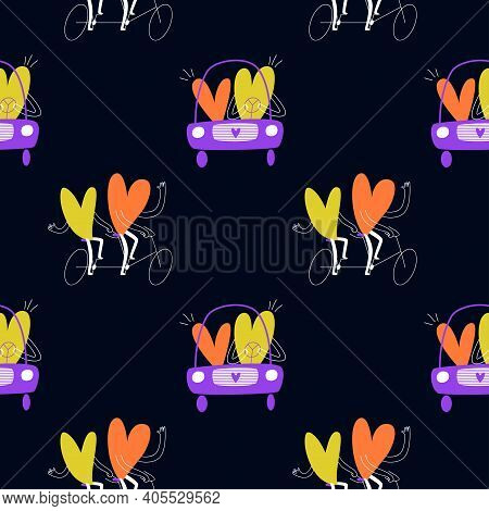 Seamless Pattern With Cartoon Hearts On A Tandem Bike. Couples In Love Are Driving A Car. Vector Sto