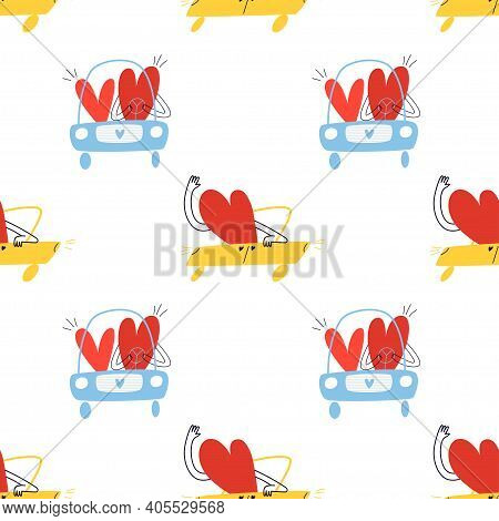 Seamless Pattern With Cartoon Hearts On A Trip. A Lover Rushes In A Yellow Car Next To A Family In A