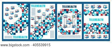 Telehealth Medical Care Brochures. Video Conference Call With Doctor. Telemedicine Cover Design And 