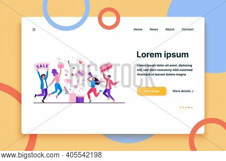 Customers Celebrating Sale. People Holding Gift, Credit Card, Loudspeaker, Dancing, Having Fun. Vect