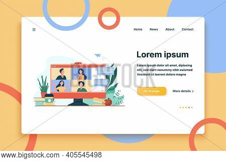 Desktop With Virtual Meeting Or Videoconference Isolated Flat Vector Illustration. Cartoon People On