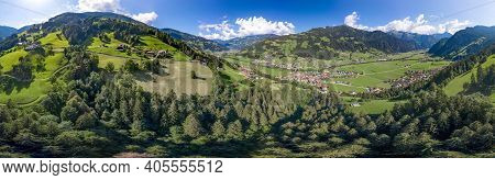 360 Panorama Aerial View Of Zillertal Valley Village In Sunny Summer Afternoon In Tyrol Austria
