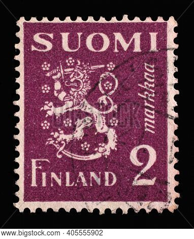 ZAGREB, CROATIA - SEPTEMBER 03, 2014: Stamp printed in the Finland shows Crowned Lion Rampant, Coat of Arms of the Republic of Finland, Hammarsten-Jansson Design, circa 1930