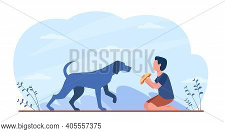 Hungry Dog Walking To Boy With Food. Hot Dog, Kid, Canine Flat Vector Illustration. Domestic Animals