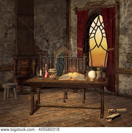 Wizard Room With Black Magic Material: An Old Book, Potions And A Pot - 3d Illustration