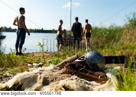 Medieval Weapons And Viking Armor, The Equipment Of Actors At The Festival Of Historical Reconstruct