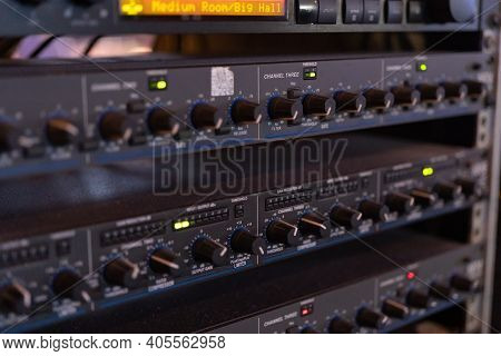 Network Server Of Concert Audio Sound Signal Boardcast Production Studio Panel In Technology Concept