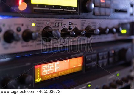 Network Server Of Concert Audio Sound Signal Boardcast Production Studio Panel In Technology Concept
