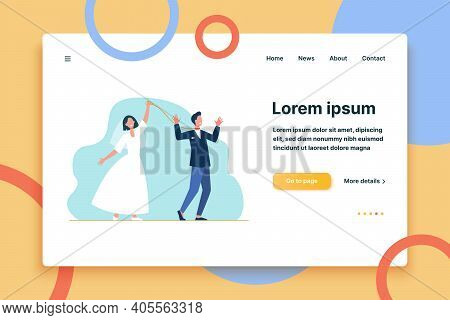 Cheerful Bride Leading Groom On Leash. Wedding Day, Dress, Smoking, Metaphor. Flat Vector Illustrati
