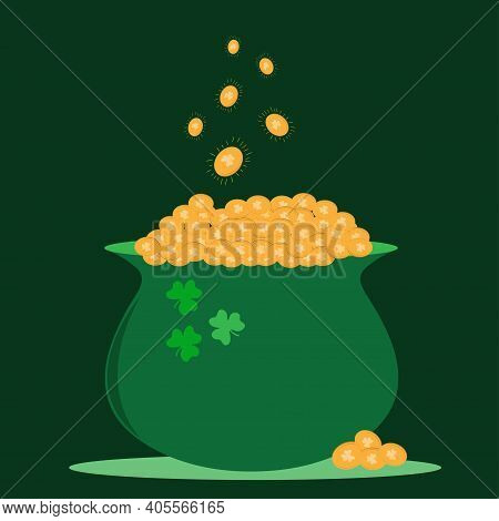 St. Patrick S Day Symbol Green Pot. Vector Illustration Of St. Patrick's Day Big Pot Of Gold. Gold C