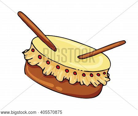 Traditional Asian Drum With Drumsticks In Cartoon Style. Vector Graphics.