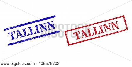 Grunge Tallinn Rubber Stamps In Red And Blue Colors. Stamps Have Distress Style. Vector Rubber Imita
