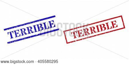 Grunge Terrible Stamp Seals In Red And Blue Colors. Seals Have Draft Surface. Vector Rubber Imitatio