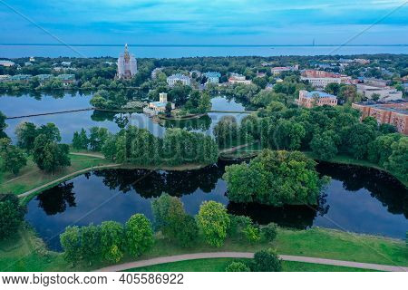 Panoramic Aerial View Of The Kolonistsky Park In Peterhof. Holguin Pond.