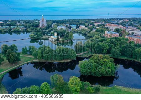 Panoramic Aerial View Of The Kolonistsky Park In Peterhof. Holguin Pond.