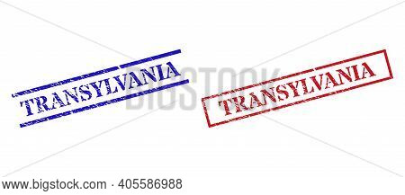 Grunge Transylvania Rubber Stamps In Red And Blue Colors. Stamps Have Rubber Texture. Vector Rubber 