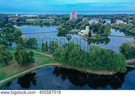 Panoramic Aerial View Of The Kolonistsky Park In Peterhof. Holguin Pond.