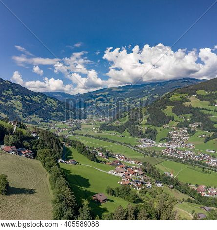 Aerial Drone Shot Of Zillertal Valley With Clouds In Tyrol Austria Summer