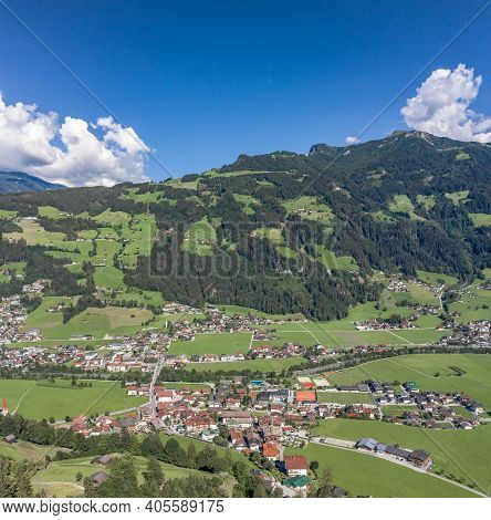 Aerial Drone Shot Of Zillertal Valley With Clouds In Tyrol Austria Summer