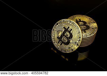 Golden Bitcoin Isolated Bitcoin Btc Cryptocurrency Coins. Stock Market Concept. Business Concept. 3D