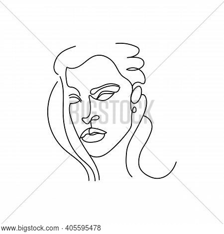 Elegant Woman Portrait Continuous Line Art. Minimalistic Icon. Pretty Face, Long Hair, Casual Earrin