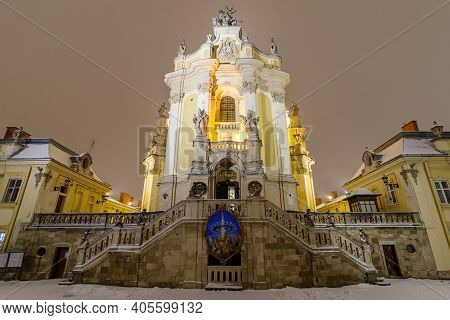 Lviv, Ukraine - January 13, 2021: St. George's Cathedral Night And Winter