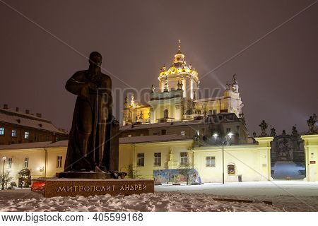 Lviv, Ukraine - January 13, 2021: St. George's Cathedral Night And Winter