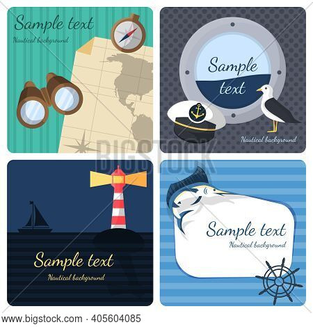 Nautical Sea Travel Mini Posters Set Marine Journey Cruise Vacations Isolated Vector Illustration