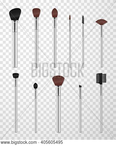 Make Up Tools Kit With Silver Plastic Rods Realistic Set. Cosmetics Brushes, Brow Wand.