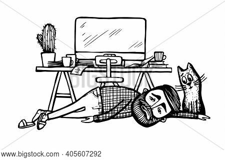 Tired Bearded Man Lying On The Floor Near The Work Desk With Computer Screen, Cat Sit Near And Looki